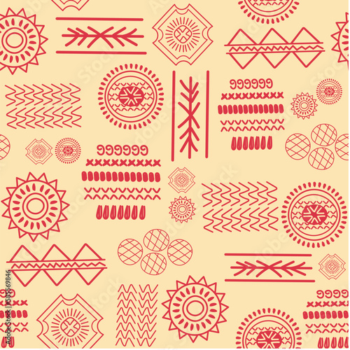 African tribal seamless repeat pattern design scarlet vector illustration. Trendy tribal ethnic art for fabric, print, textile fashion and wallpapers