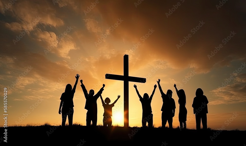 Christian people group raise hands up worship God Jesus Christ together, generative AI - obrazy, fototapety, plakaty 