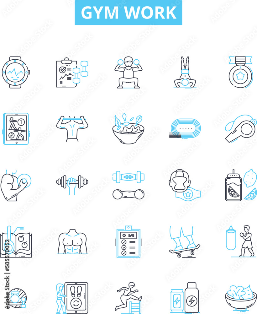Gym work vector line icons set. Exercise, Fitness, Aerobics, Benchpress, Cardio, Squats, Weights illustration outline concept symbols and signs Gym work vector line icons set. Exercise, Fitness, Aerobics, Benchpress, Cardio, Squats, Weights illustration outline concept symbols and signs