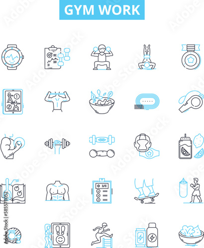 Gym work vector line icons set. Exercise, Fitness, Aerobics, Benchpress, Cardio, Squats, Weights illustration outline concept symbols and signs