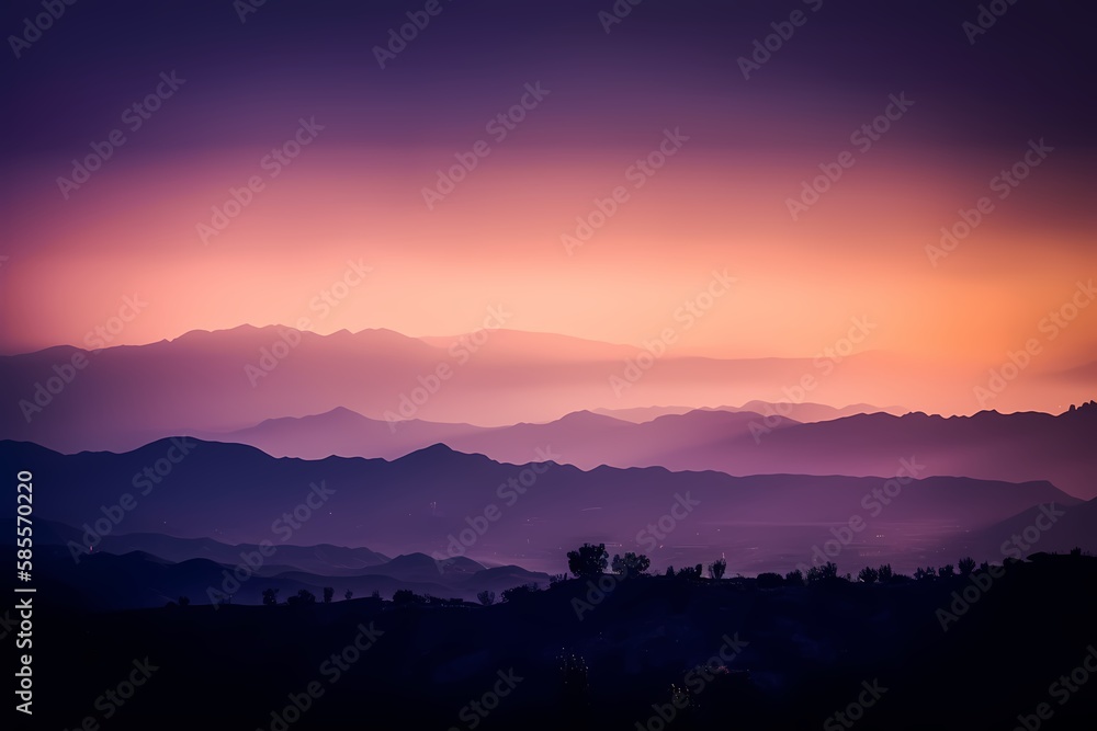 Fototapeta premium Abstract mountain sunset with violet fog