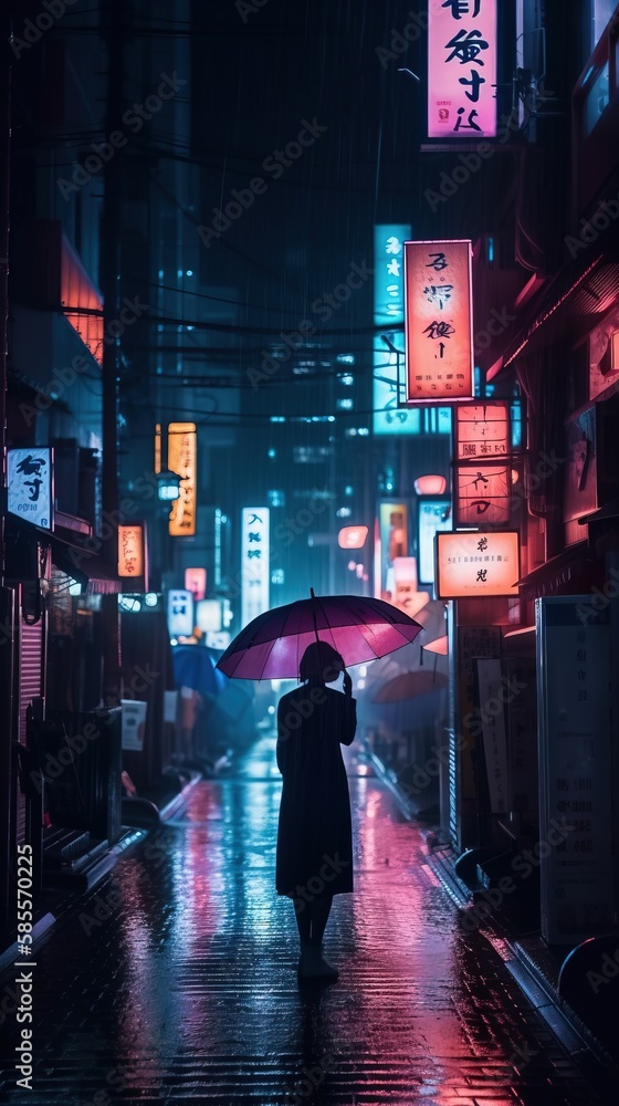 Silhouette of a Mysterious Woman in Tokyo, Japan, with an umbrella in a rainy night. Neon lights come from the street signs and buildings. Generative AI.