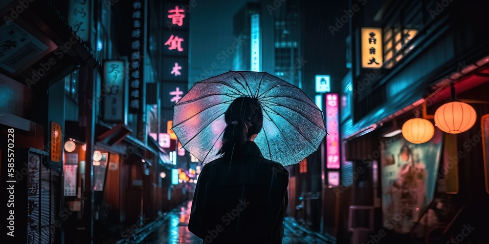 Silhouette of a Mysterious Woman in Tokyo, Japan, with an umbrella in a rainy night. Neon lights come from the street signs and buildings. Generative AI.