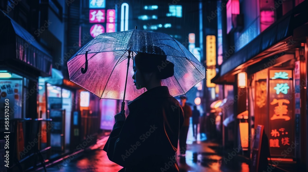 Silhouette of a Mysterious Woman in Tokyo, Japan, with an umbrella in a rainy night. Neon lights come from the street signs and buildings. Generative AI.