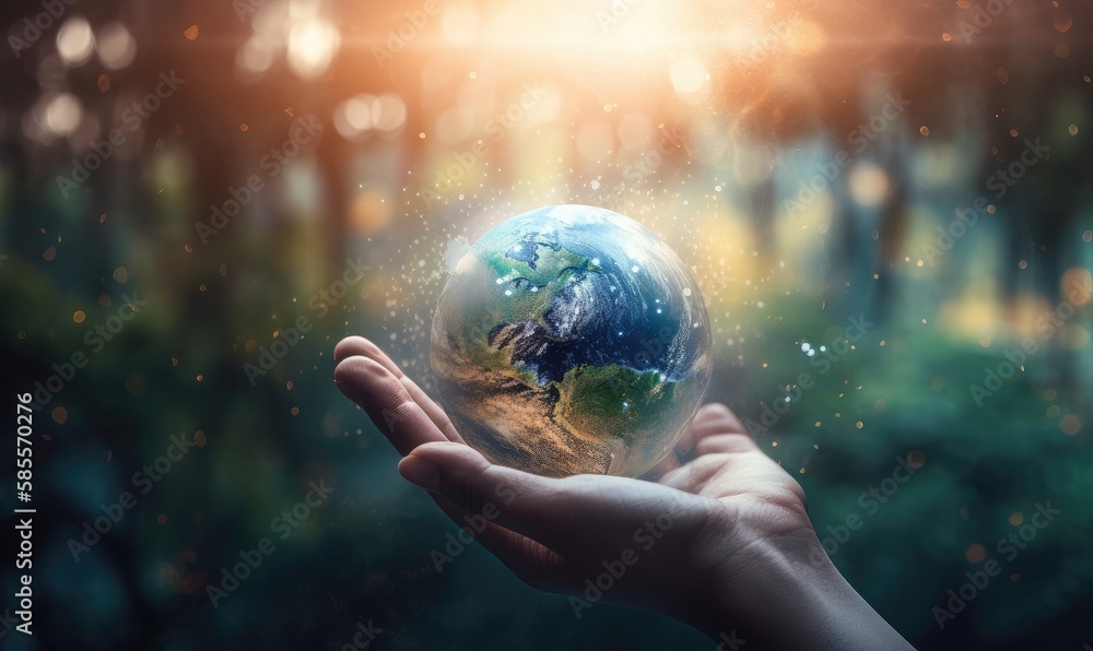 Hands holding earth global over blurred abstract nature background, generative AI Hands holding earth global over blurred abstract nature background, generative AI