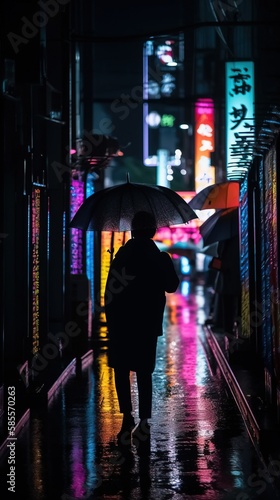 Silhouette of a Mysterious Woman in Tokyo, Japan, with an umbrella in a rainy night. Neon lights come from the street signs and buildings. Generative AI. © Kai Alves