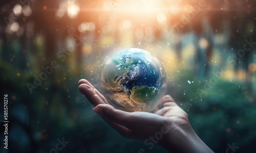 Hands holding earth global over blurred abstract nature background, generative AI