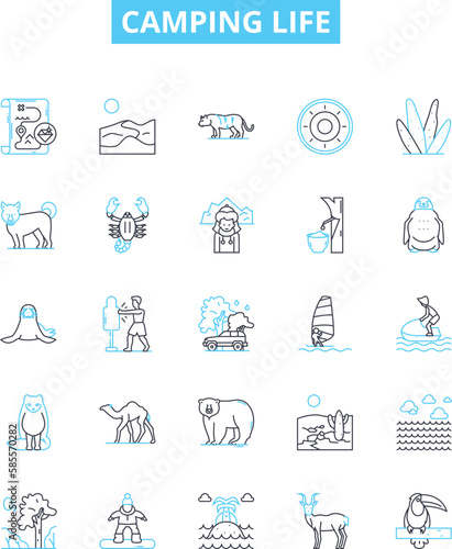 Camping life vector line icons set. Camping, Life, Outdoors, Tent, Sleeping, Bag, Hammock illustration outline concept symbols and signs