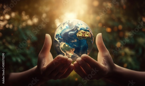 Hands holding earth global over blurred abstract nature background, generative AI