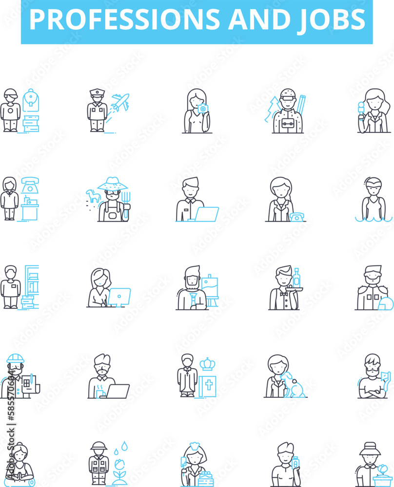 Professions and jobs vector line icons set. Carpenter, Plumber, Mechanic, Teacher, Scientist, Pilot, Chef illustration outline concept symbols and signs Professions and jobs vector line icons set. Carpenter, Plumber, Mechanic, Teacher, Scientist, Pilot, Chef illustration outline concept symbols and signs