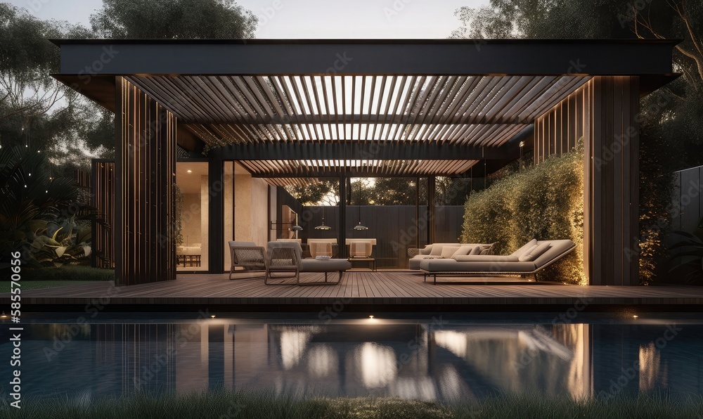 Wooden terrace with sofas and sun loungers by the pool, generative AI Wooden terrace with sofas and sun loungers by the pool, generative AI