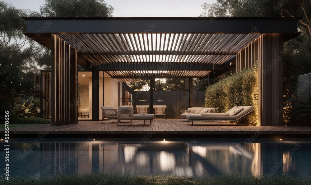 Wooden terrace with sofas and sun loungers by the pool, generative AI