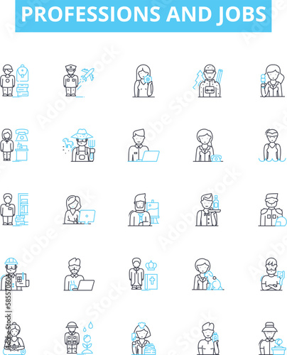 Professions and jobs vector line icons set. Carpenter, Plumber, Mechanic, Teacher, Scientist, Pilot, Chef illustration outline concept symbols and signs
