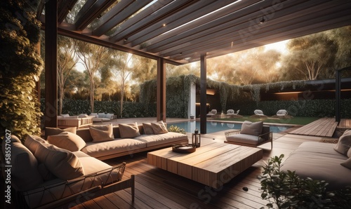 Wooden terrace with sofas and sun loungers by the pool, generative AI © Enigma