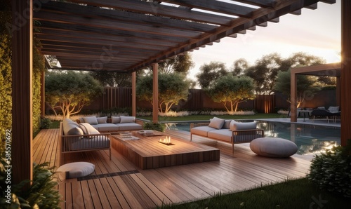 Wooden terrace with sofas and sun loungers by the pool  generative AI