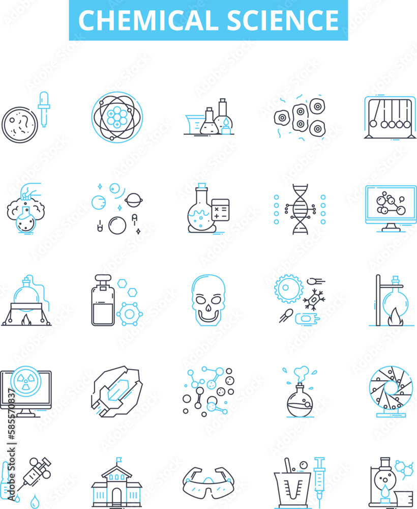 Chemical science vector line icons set. Chemistry, molecules, reactants, compounds, elements, atoms, formulas illustration outline concept symbols and signs