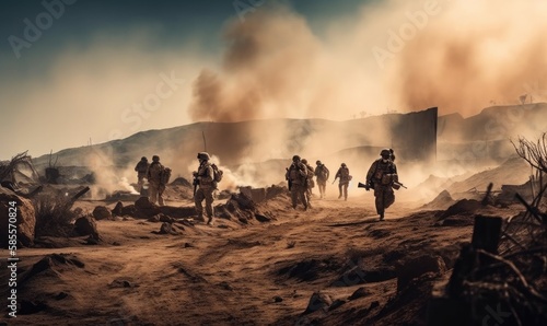 Soldiers of military special forces in the combat zone, generative AI photo