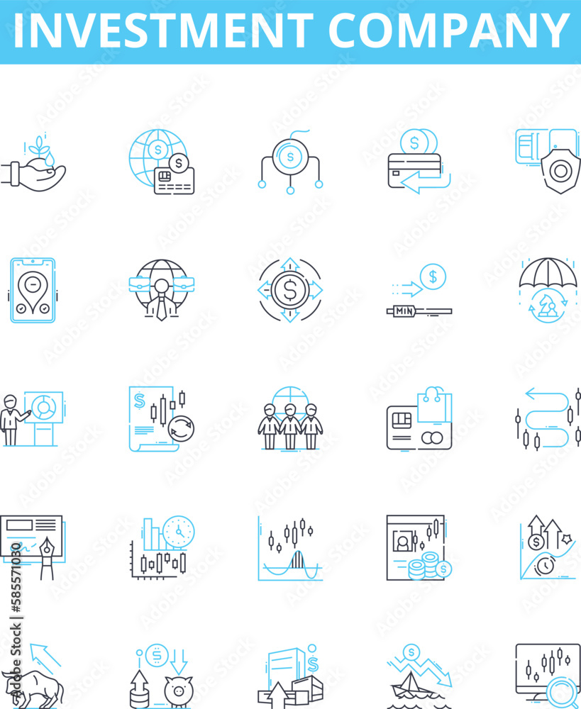 Investment company vector line icons set. Investment, Company, Finance, Fund, Stocks, Wealth, Adviser illustration outline concept symbols and signs Investment company vector line icons set. Investment, Company, Finance, Fund, Stocks, Wealth, Adviser illustration outline concept symbols and signs