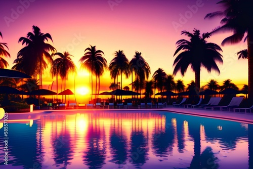 Outdoors sunset, hotel pool , tropical landscape. palm trees - generative ai  © unalcreative