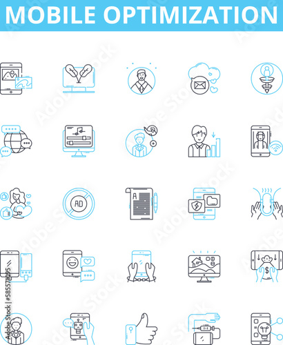 Mobile optimization vector line icons set. Mobile, optimization, responsiveness, design, webpage, app, user illustration outline concept symbols and signs