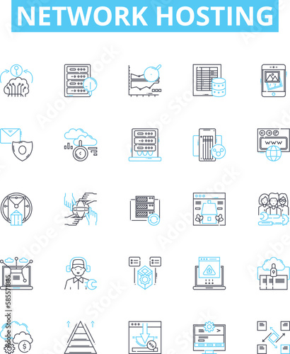Network hosting vector line icons set. Webhosting, Cloudhosting, Networking, Colocation, Shared, Dedicated, Domains illustration outline concept symbols and signs