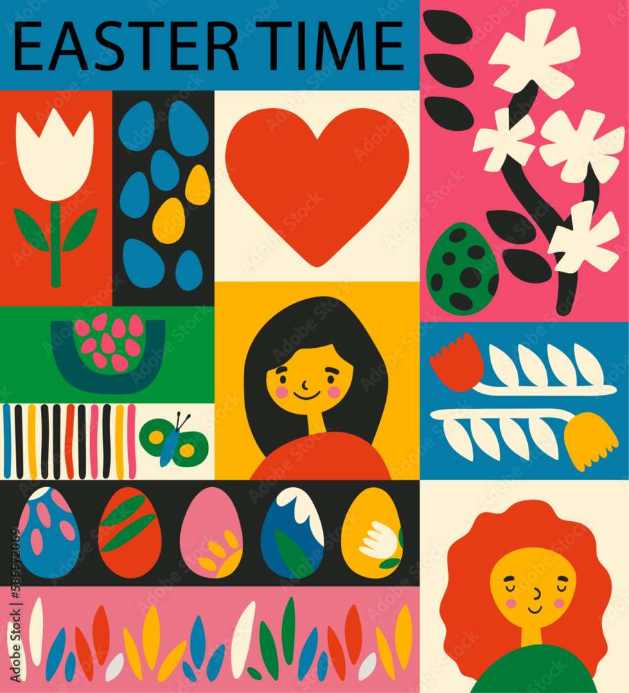 Happy Easter concept  Graphics template. Trendy  colorful Easter pattern design with typography, hand-painted element, eggs and bunny. Modern minimalist style. Good for social media post or postcard.