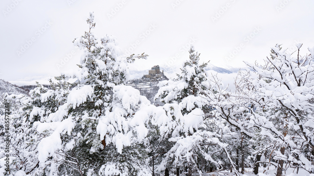 custom made wallpaper toronto digitalImage of the Ancient/ Abbey of San Michele built on Mount Pirchiriano located at the entrance of the Susa Valley, around the years between 983 and 987 A.D. with an abundant snowfall