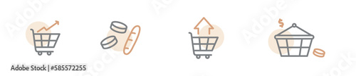 Increasing grocery prices modern icon set, food inflation concept, high supermarket price vector icons, crisis emblems, rise expenses symbols isolated on white background