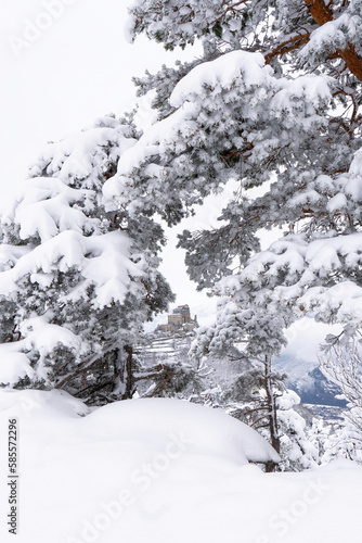 Image of the Ancient/ Abbey of San Michele built on Mount Pirchiriano located at the entrance of the Susa Valley, around the years between 983 and 987 A.D. with an abundant snowfall photo