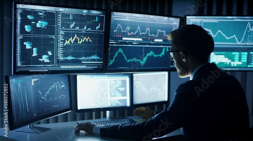 Data analysts looking at monitors, technology, remote work, data scientist, futuristic