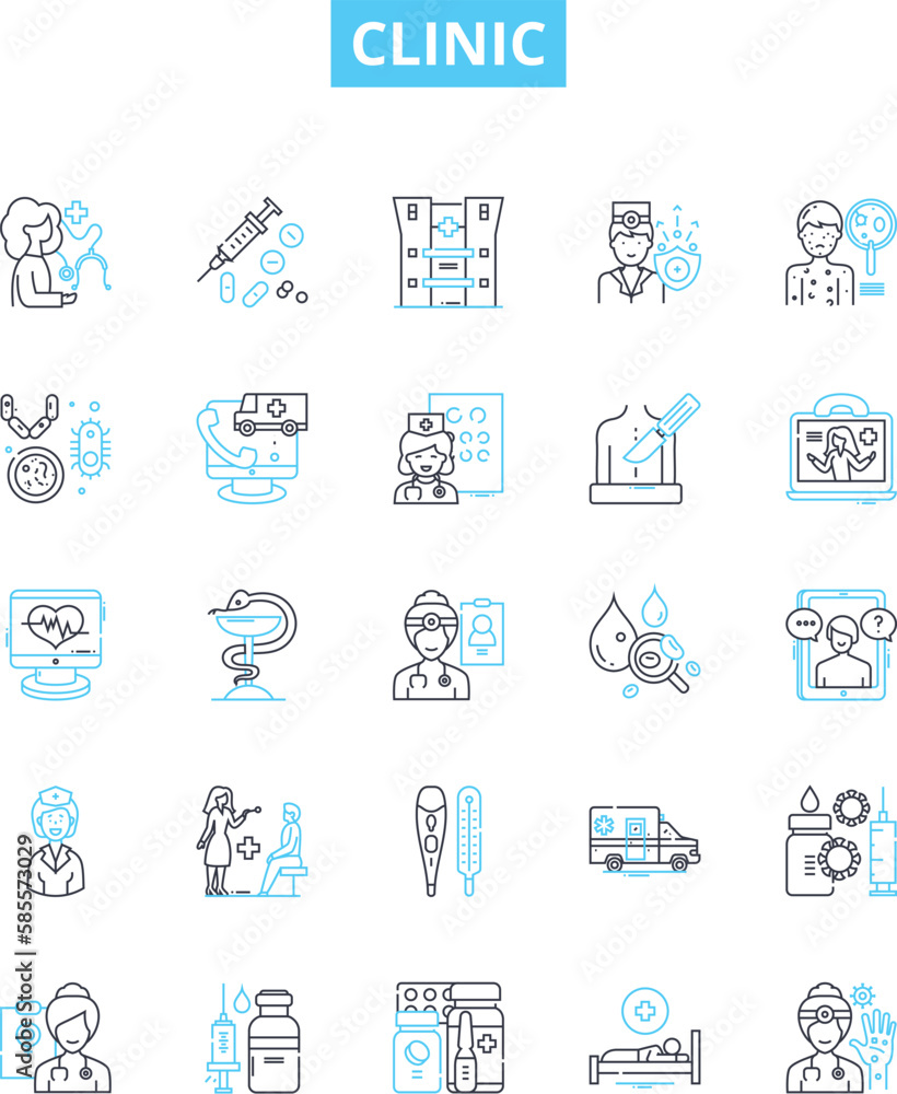 Clinic vector line icons set. Clinic, Medical, Healthcare, Outpatient, Treatment, Diagnostic, Surgery illustration outline concept symbols and signs Clinic vector line icons set. Clinic, Medical, Healthcare, Outpatient, Treatment, Diagnostic, Surgery illustration outline concept symbols and signs