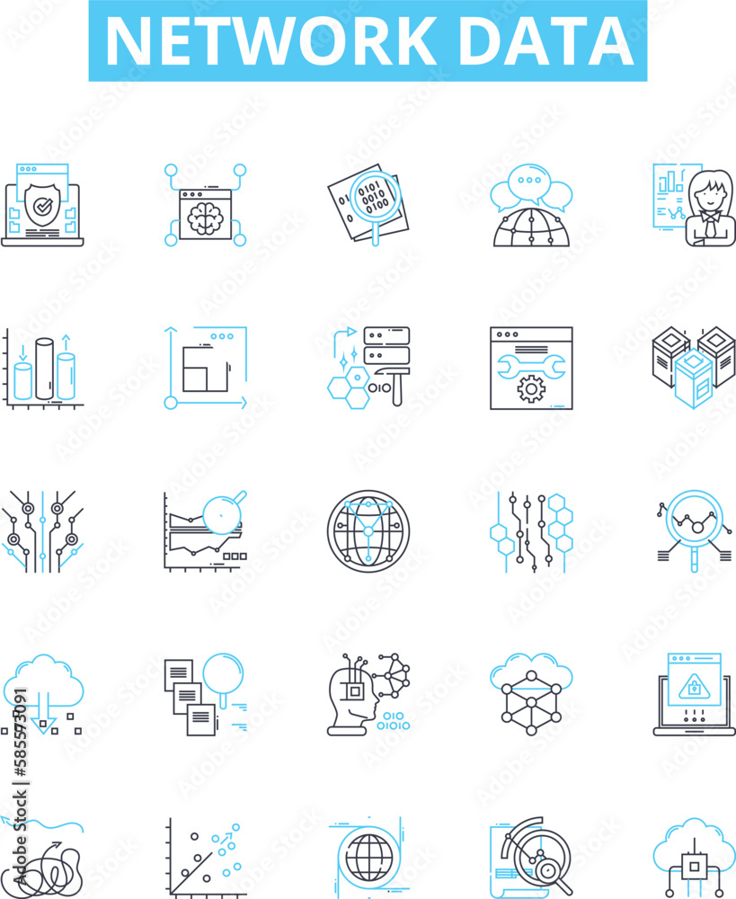 Network data vector line icons set. Networking, Data, Transfer, Protocols, Connectivity, Encryption, Sharing illustration outline concept symbols and signs