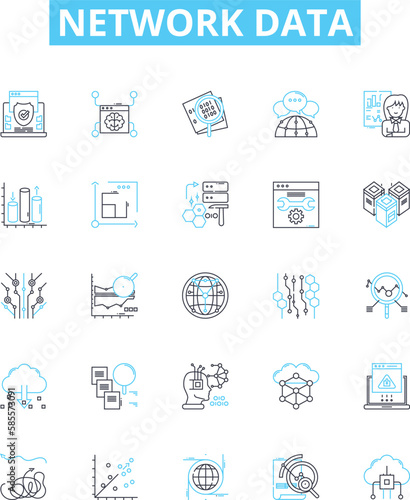 Network data vector line icons set. Networking, Data, Transfer, Protocols, Connectivity, Encryption, Sharing illustration outline concept symbols and signs