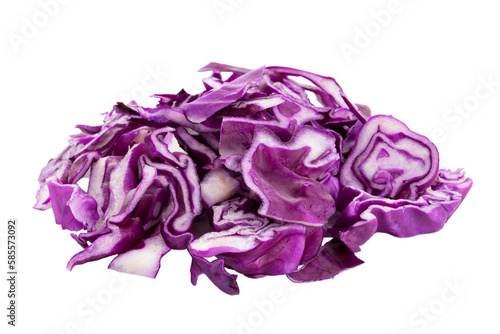Slices of chopped red cabbage are isolated on a white background. 