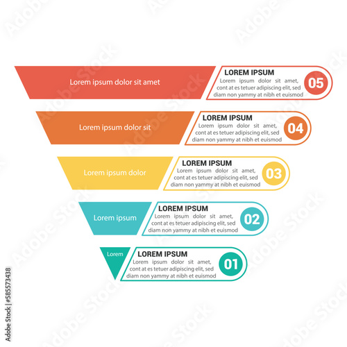 Pyramid Infographic, funnel pyramid business infographic with 5 charts. Template can be edited, recolored, editable. EPS Vector  © Dzafa