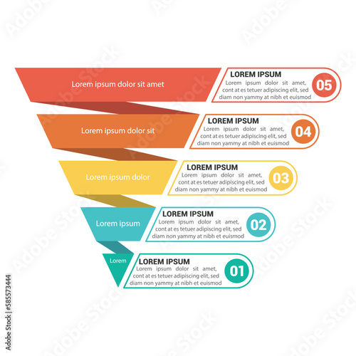 Pyramid Infographic, funnel pyramid business infographic with 5 charts. Template can be edited, recolored, editable. EPS Vector  © Dzafa