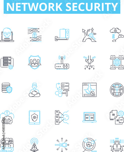 Network security vector line icons set. Network, Security, Cyber, Intrusion, Firewall, Malware, Antivirus illustration outline concept symbols and signs