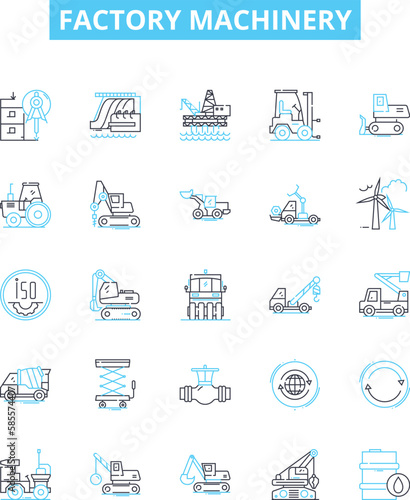 Factory machinery vector line icons set. Machinery, Factory, Equipment, Automation, Process, CNC, Install illustration outline concept symbols and signs