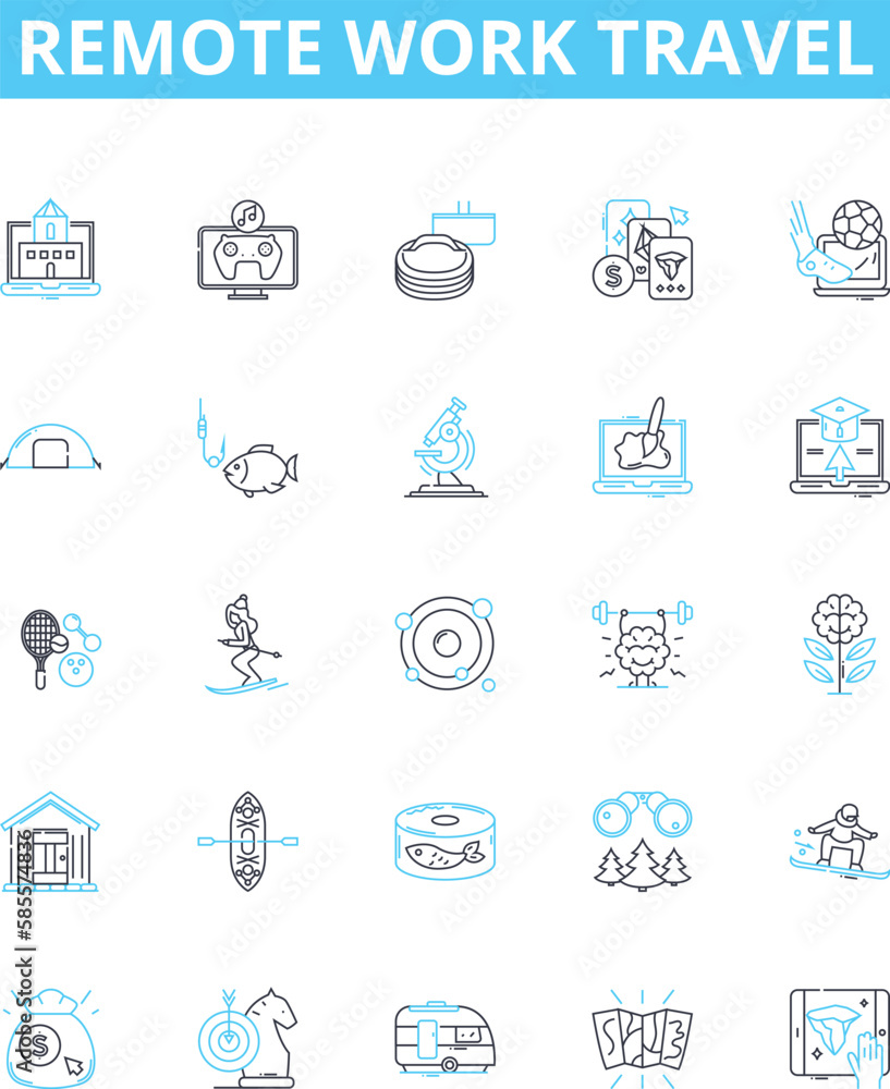 Remote work travel vector line icons set. Remote, Work, Travel, Remote-Work, Work-Travel, Telecommuting, Virtual illustration outline concept symbols and signs Remote work travel vector line icons set. Remote, Work, Travel, Remote-Work, Work-Travel, Telecommuting, Virtual illustration outline concept symbols and signs