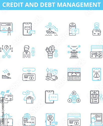 Credit and debt management vector line icons set. Credit, Debt, Management, Budgeting, Loans, Banking, Finance illustration outline concept symbols and signs