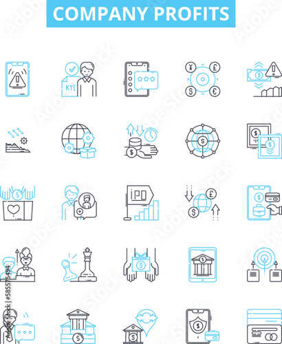 Company profits vector line icons set. Profit, Revenue, Gains, Benefit, Windfall, Surplus, Remuneration illustration outline concept symbols and signs