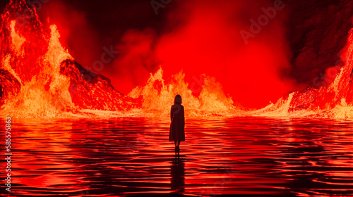 Woman standing on the lake of fire looking into hell. Generative Ai