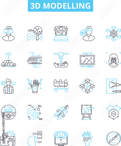 3d modelling vector line icons set. 3D, Modelling, Modeling, CAD, Design, Rendering, Simulation illustration outline concept symbols and signs
