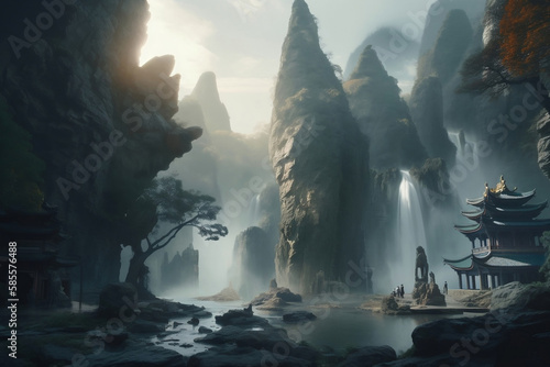 Illustration of ancient wonderland temple and waterfalls    generative AI