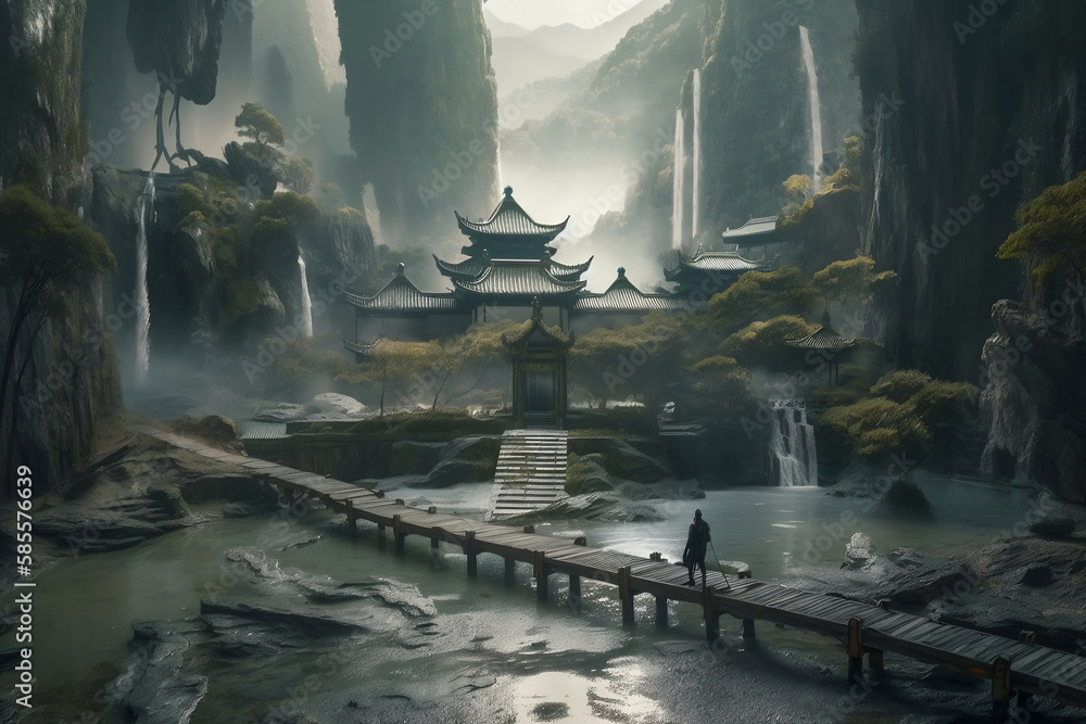 Obraz premium Illustration of ancient wonderland temple and waterfalls, , generative AI