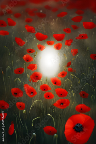 a bright glow in the middle of a poppy field leading to another dimension. Illustration for a fairy tale. generative AI © Alena Vilgelm