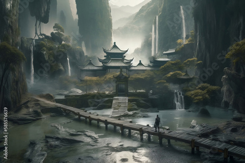Illustration of ancient wonderland temple and waterfalls, , generative AI