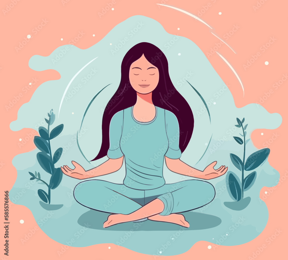 Woman meditating. Nature, stars, plants, harmonic., healthy, mindfulness, vector illustration.
