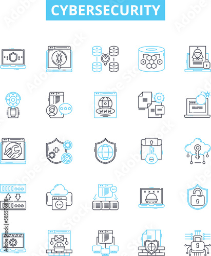 Cybersecurity vector line icons set. Cybersecurity, Cyberdefense, Cyberattack, Network Security, Encryption, Firewalls, Security Protocols illustration outline concept symbols and signs
