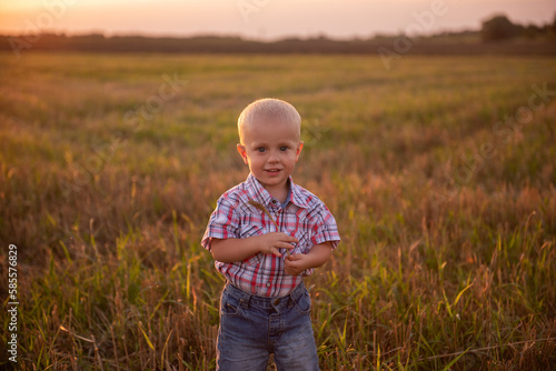 Close up portrait of little boy in plaid shirt. Todder with emotions eats spikelet of wheat © farmuty